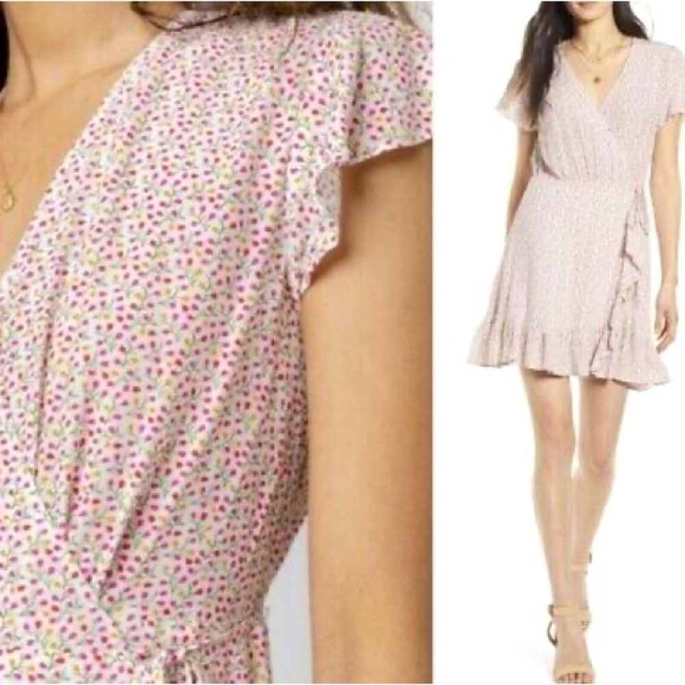 Rails Koreen Flower Vines Wrap Mini Dress White Pink Lined Short Sleeve Size M